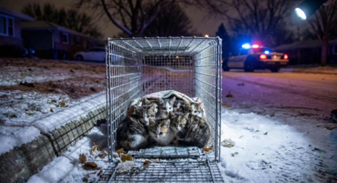 A group of kittens huddle together in a snowy trap at night.