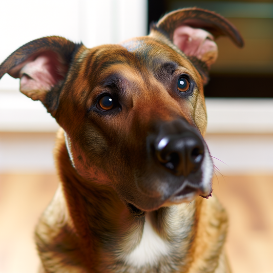 A close-up of a curious dog looking attentively.