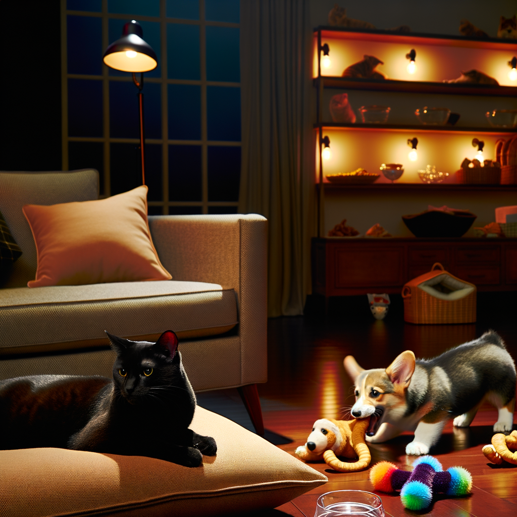 A playful puppy and a relaxed cat indoors.