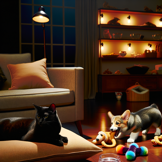 A playful puppy and a relaxed cat indoors.