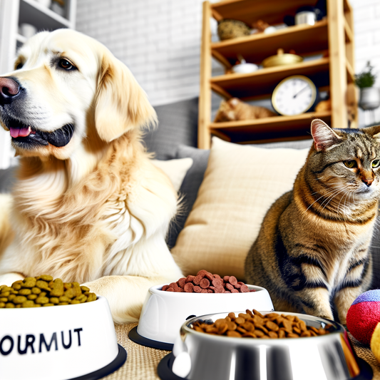 A dog and cat sitting by their food bowls.