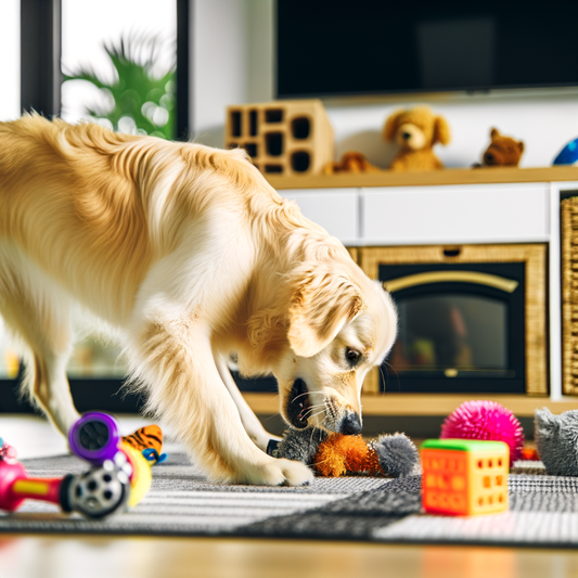 Golden Retriever playing with colorful toys indoors.