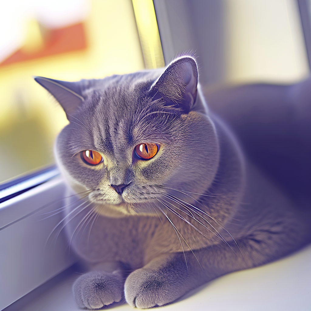 Gray domestic shorthair cat on sunlit windowsill
