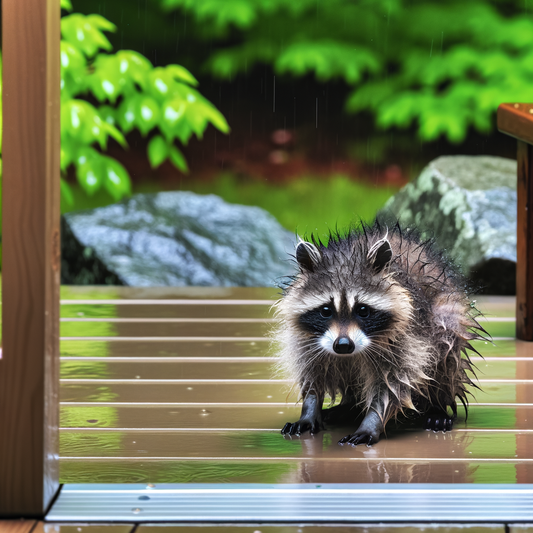 Wet raccoon on a wooden deck in the rain.