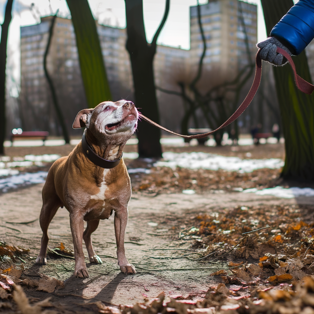 Happy dog enjoying a walk in the park.