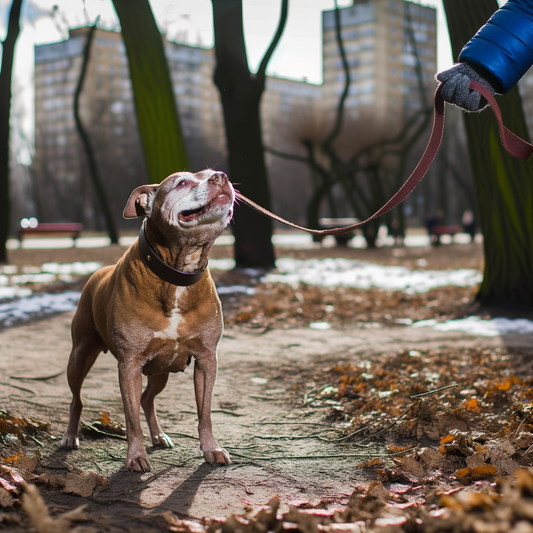 Happy dog enjoying a walk in the park.