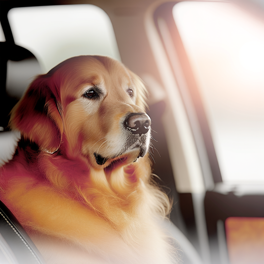 Golden retriever sitting in a car, looking outside.