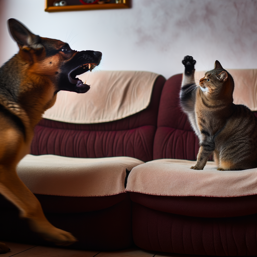 Dog and cat facing off on the couch.