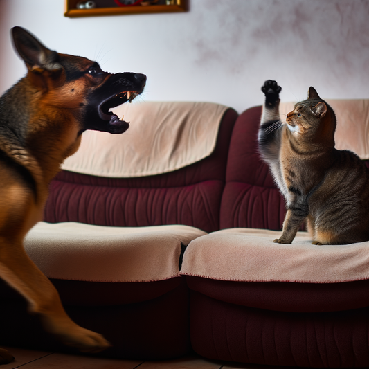 Dog and cat facing off on the couch.