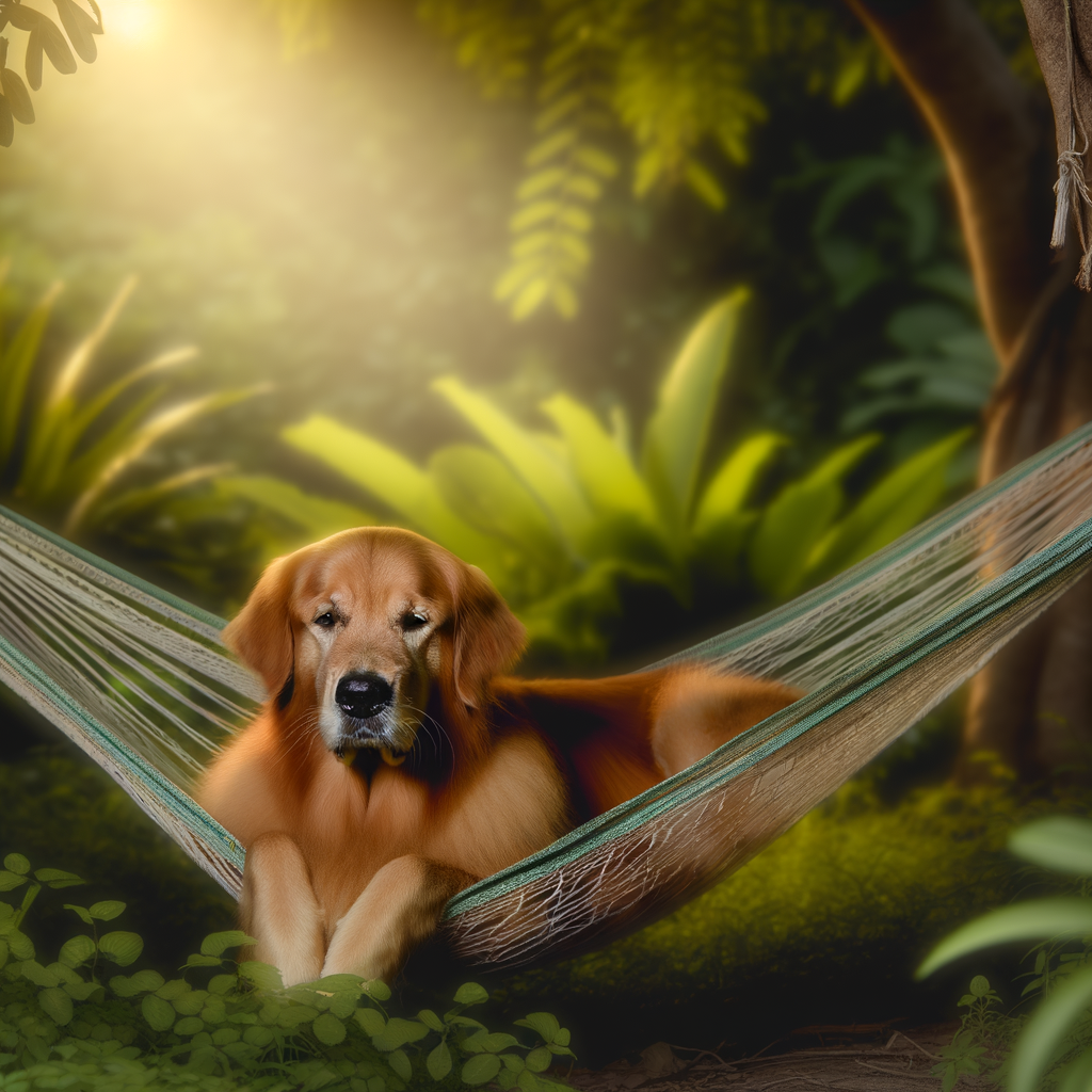 Golden retriever relaxing in a hammock under sunlight.