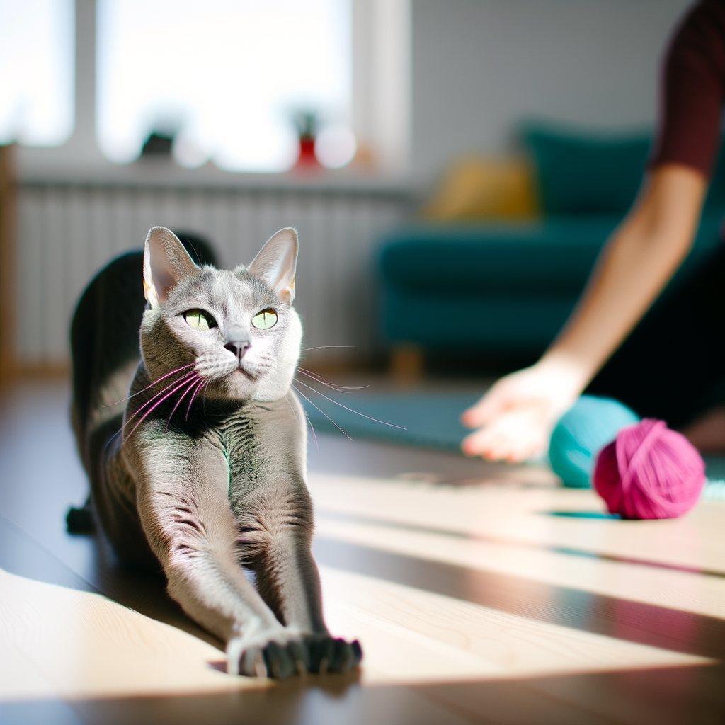 A grey cat stretching in sunlight with yarn nearby.