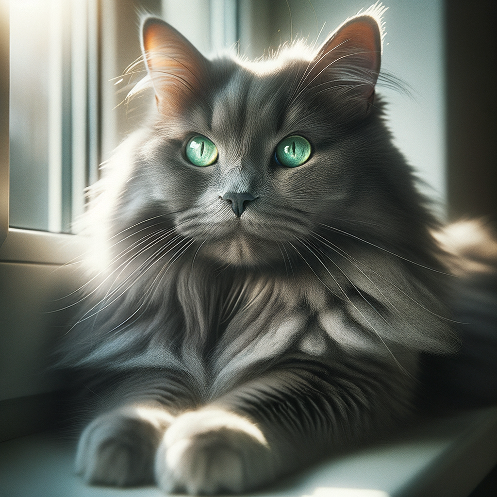 Fluffy gray cat with striking green eyes.