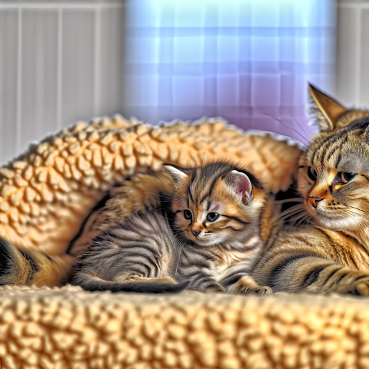 A kitten cuddling with its mother.