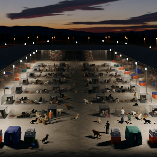 A bustling dog shelter at sunset with people interacting.