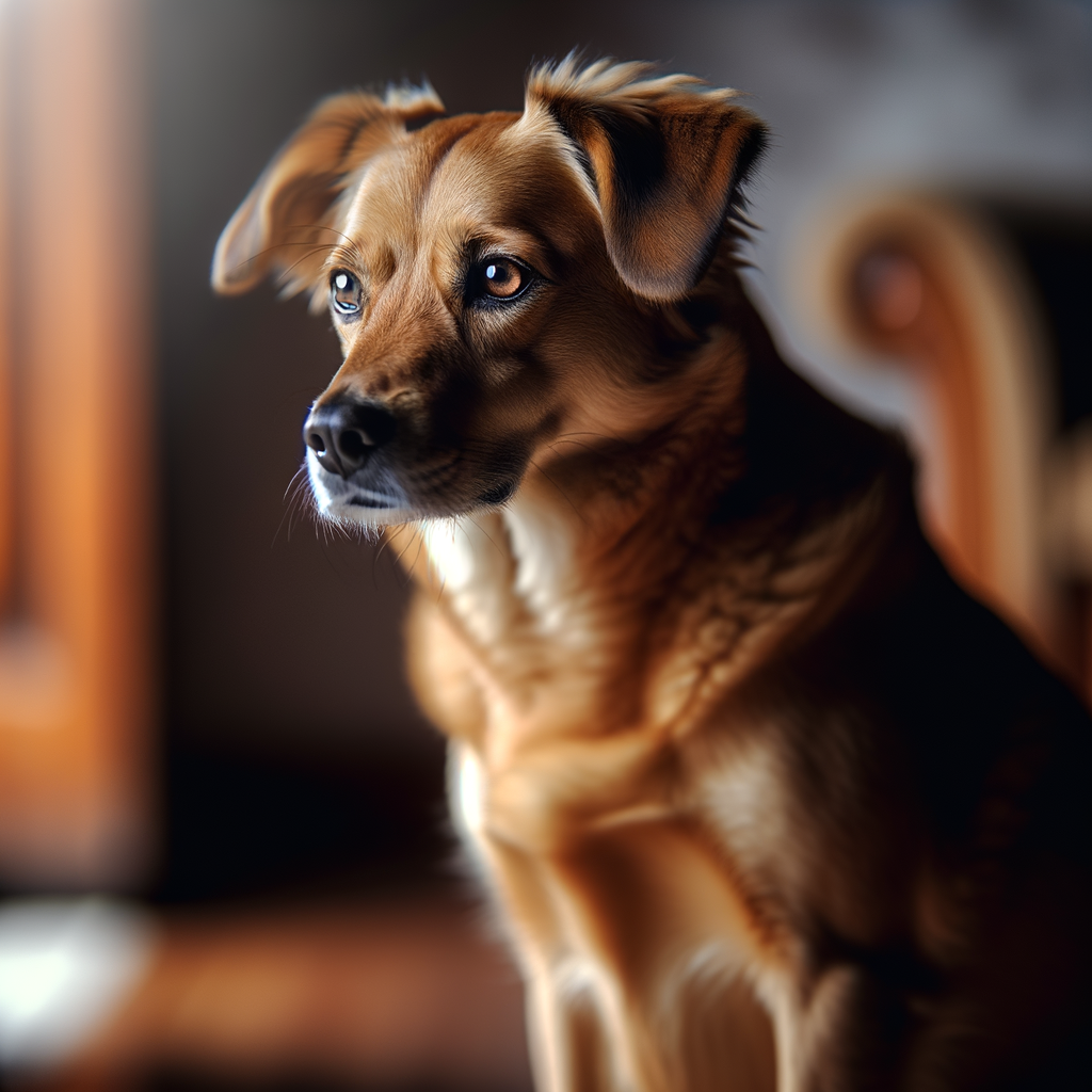 A thoughtful dog sitting indoors, looking away.