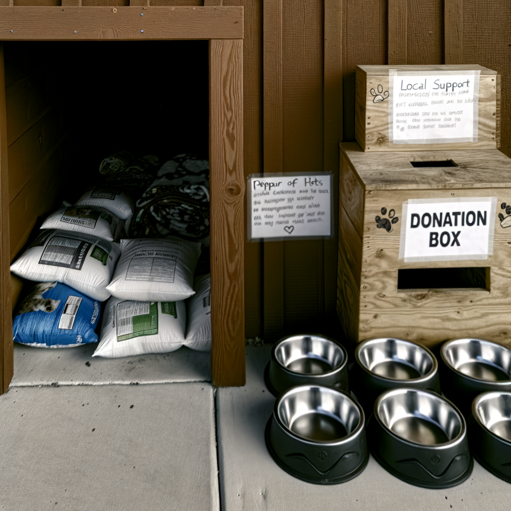 Donation box and pet supplies outside a shelter.
