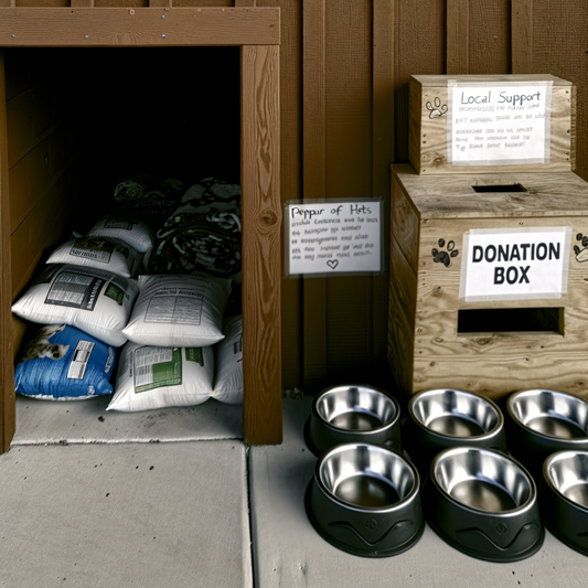 Donation box and pet supplies outside a shelter.