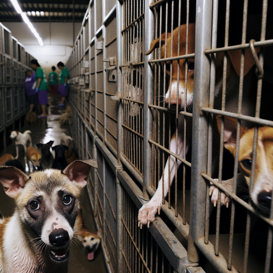Dogs in cages at a shelter with volunteers.