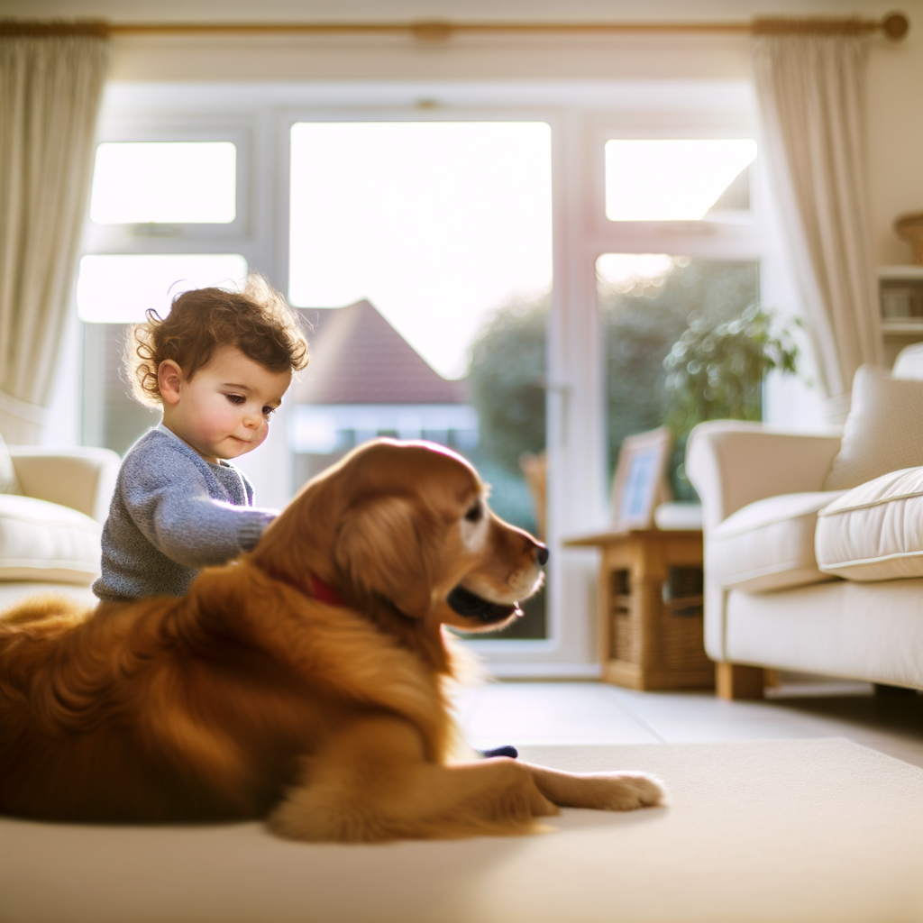 Toddler gently petting golden retriever in sunlit room