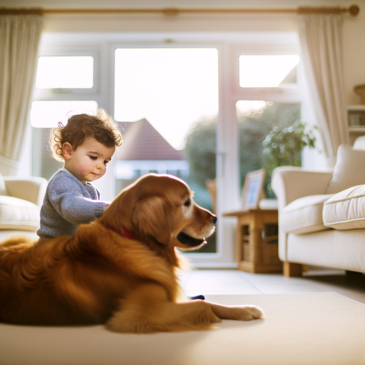 Toddler gently petting golden retriever in sunlit room