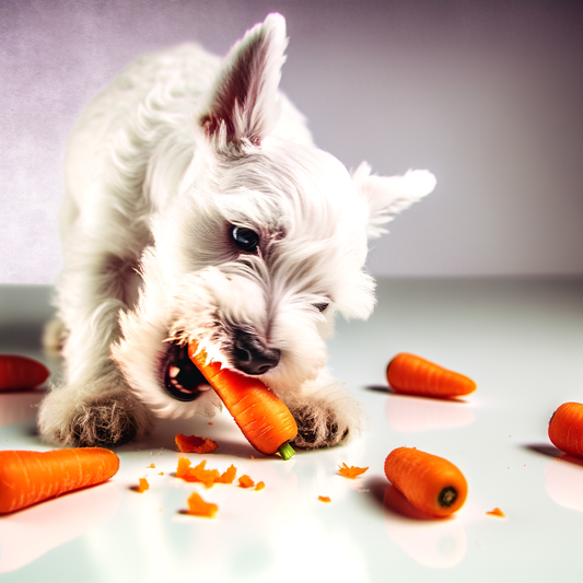 A small dog chewing on a carrot.