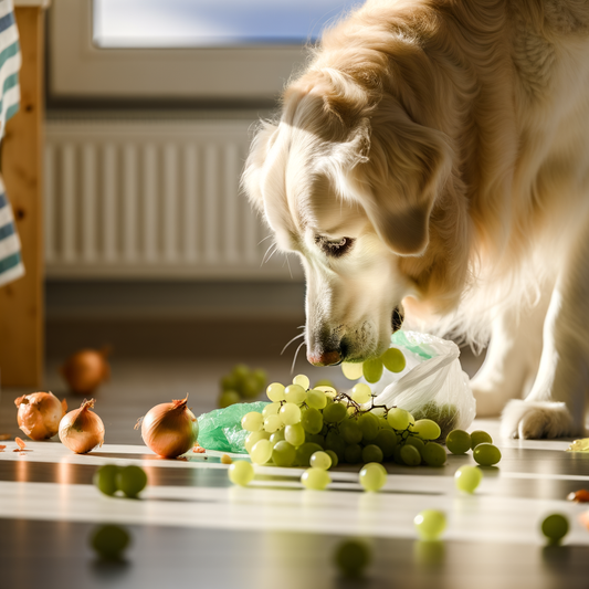 Golden retriever playing with spilled grapes and onions.