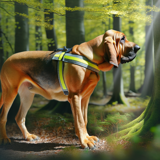 Dog wearing a harness in a sunny forest.