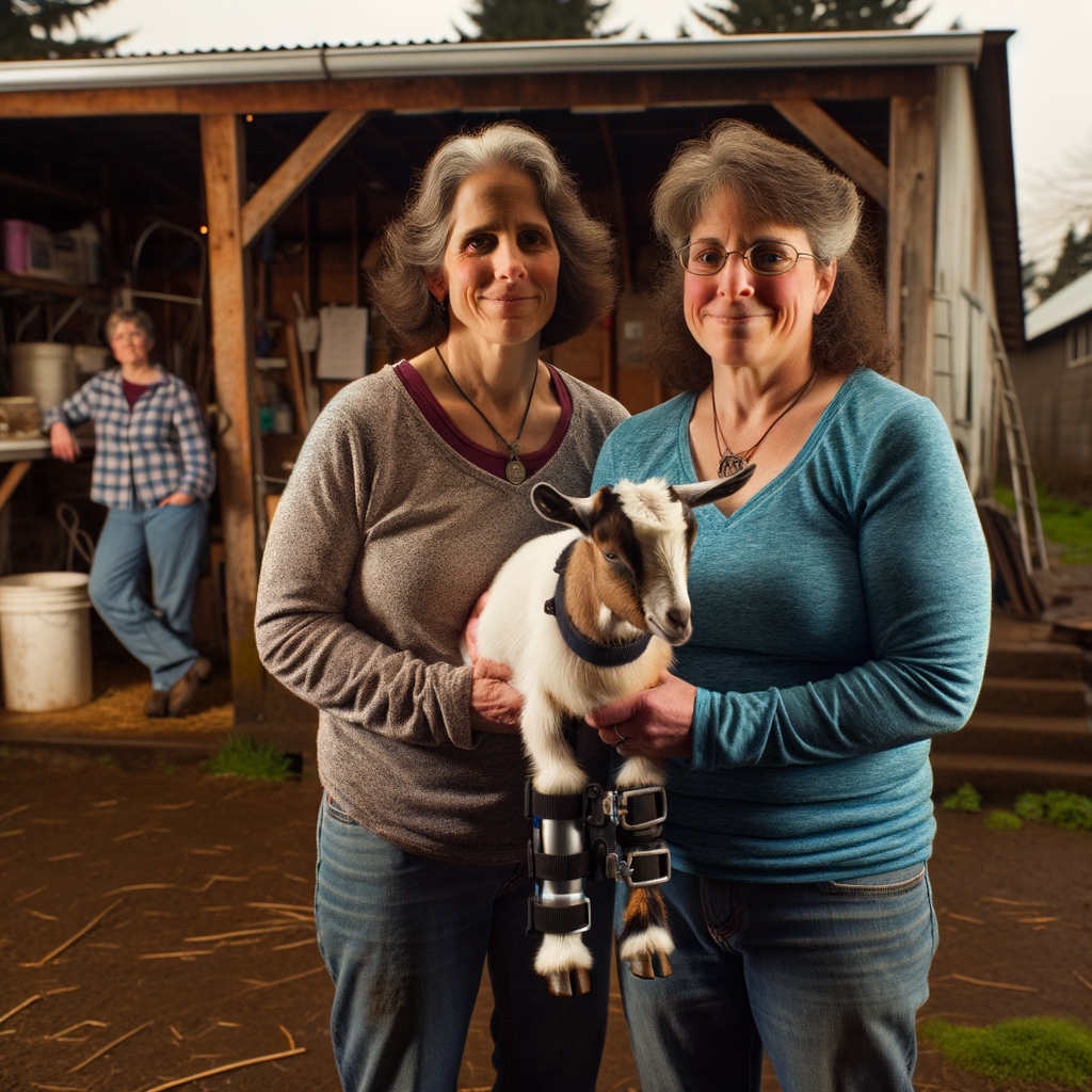 Sisters with three-legged goat in farm workshop