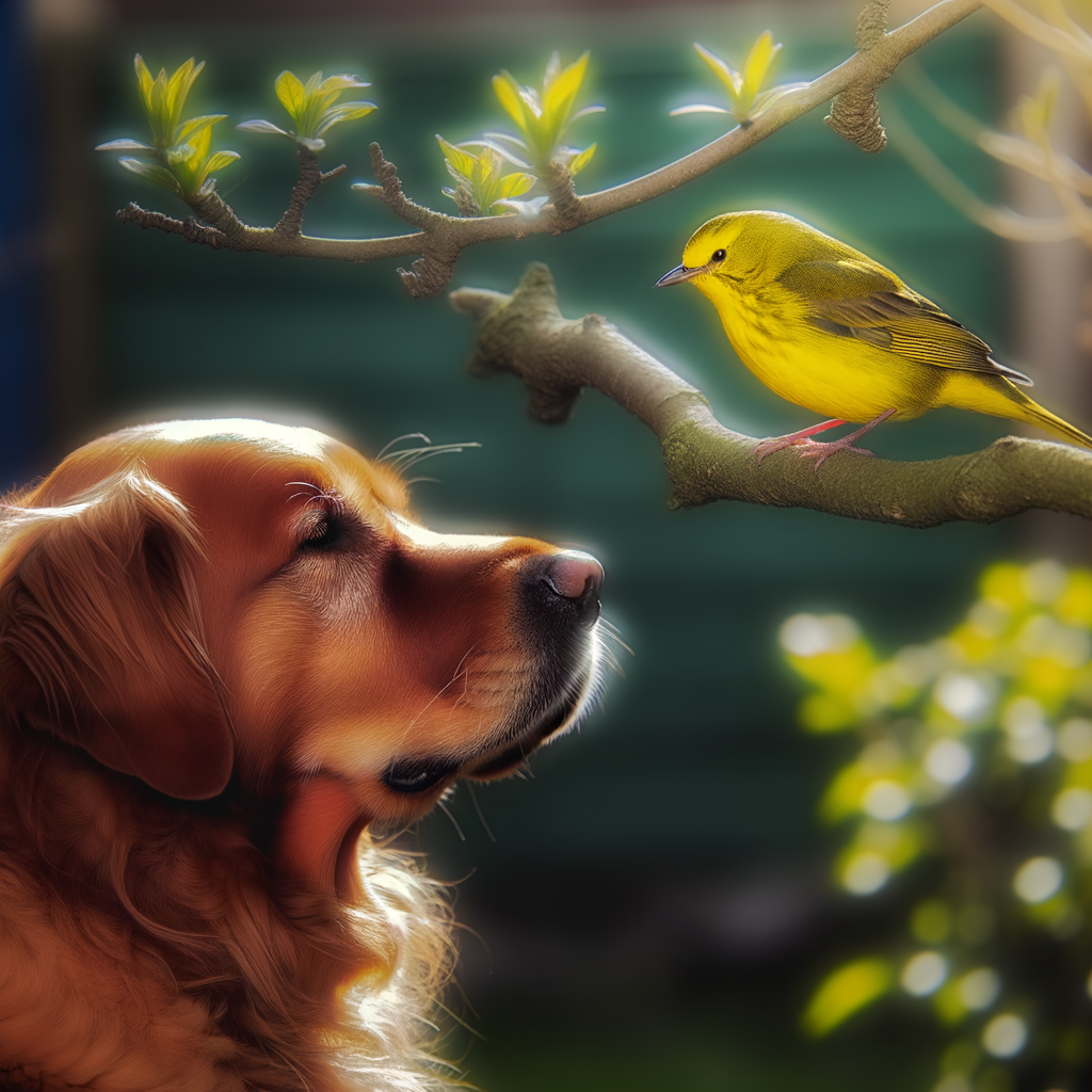 A golden retriever gazing at a yellow bird.