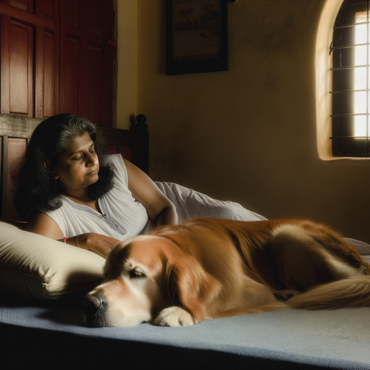 Middle-aged woman peacefully resting with golden retriever