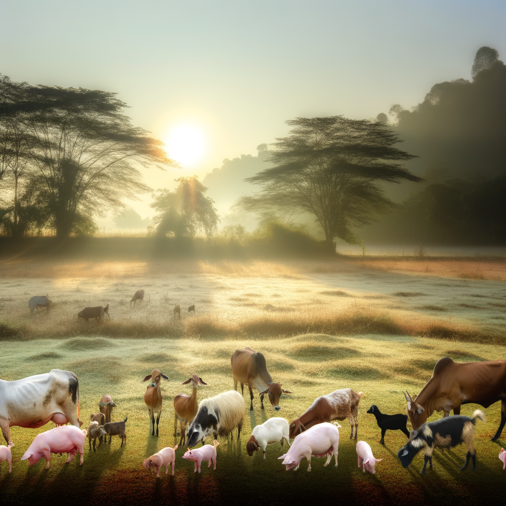 Grazing animals in a misty sunrise landscape.