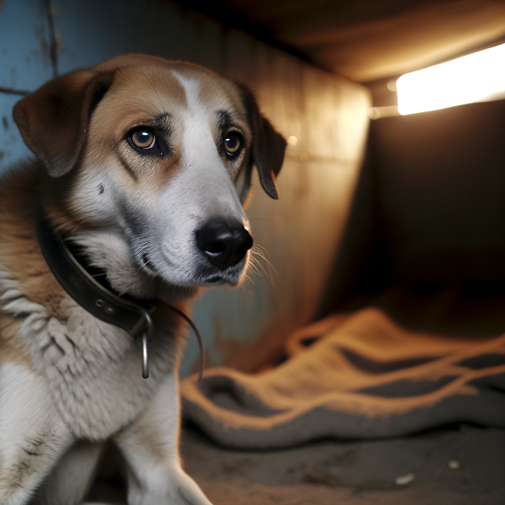 Tired tan and white dog resting in Ukrainian shelter