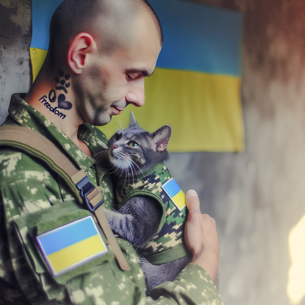 Ukrainian soldier with freedom tattoo holding camo cat