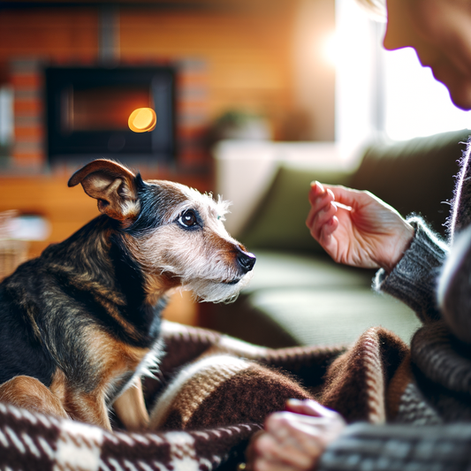 Timid brown dog Kendrick curled on cozy blanket