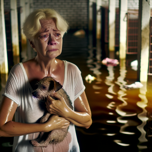 Distraught woman clutching toy in flooded kennel