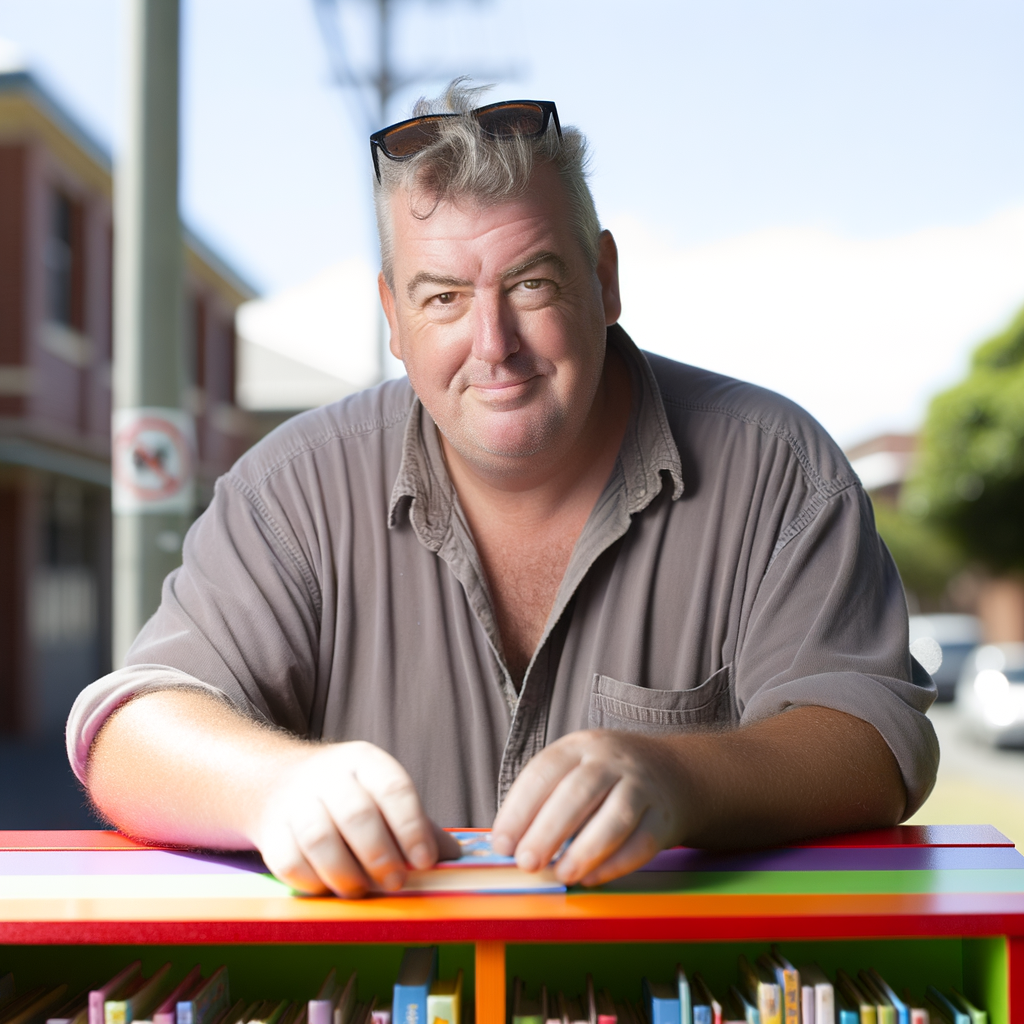 Middle-aged Australian man arranging children's books outdoors