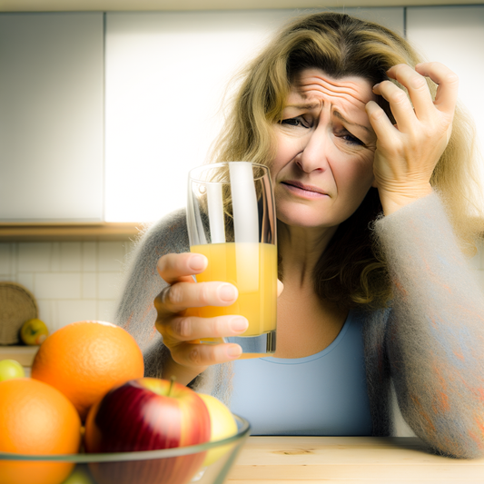 Middle-aged woman holding orange juice near fresh fruits