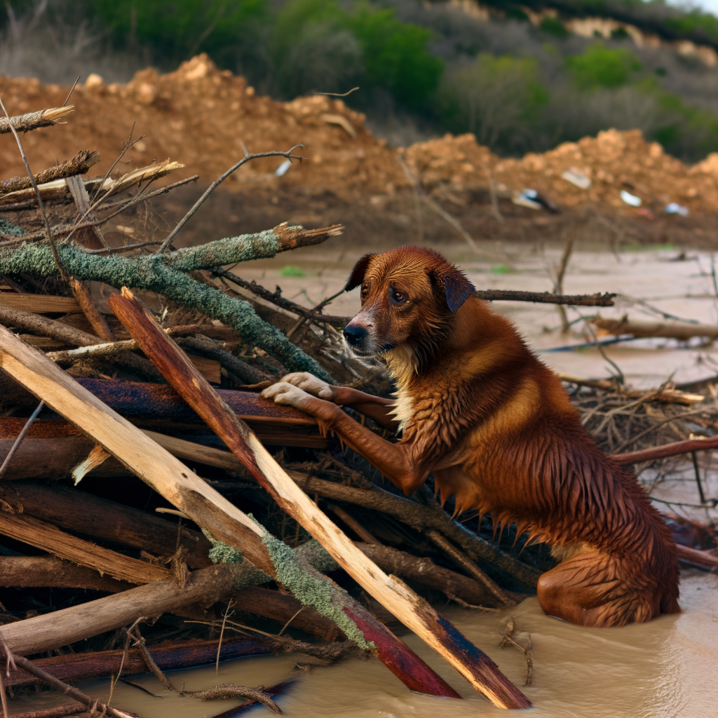 Wet dog on a pile of debris in floodwaters.