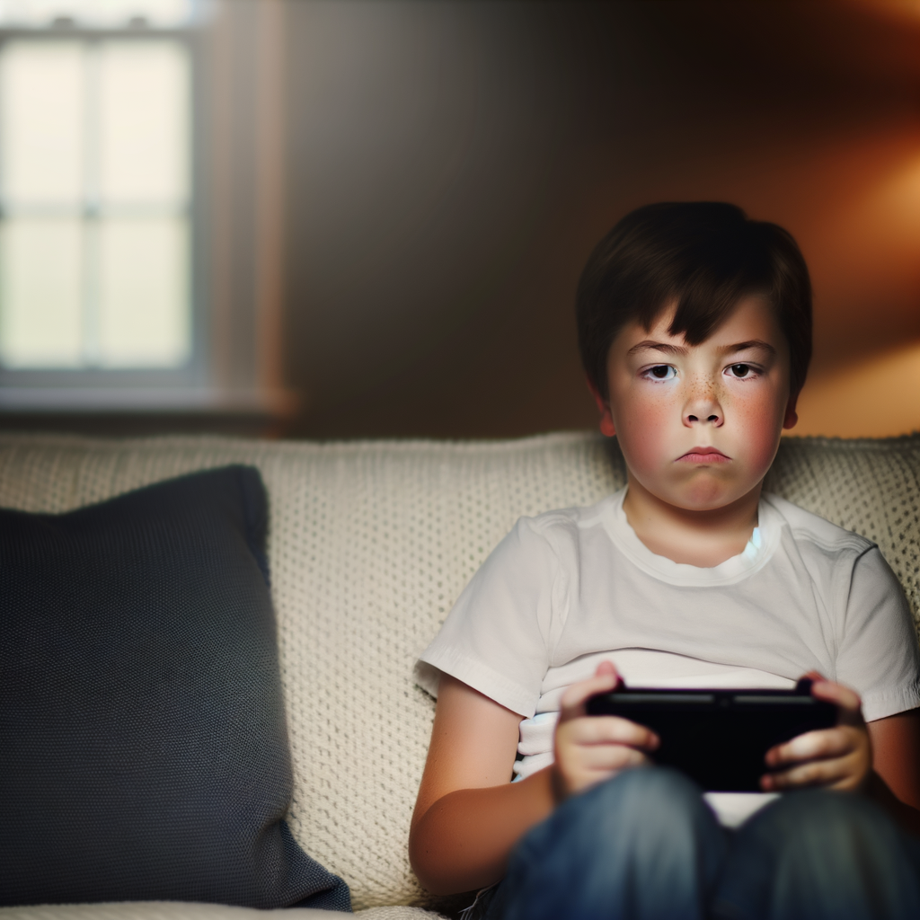Boy playing handheld game console, looking frustrated