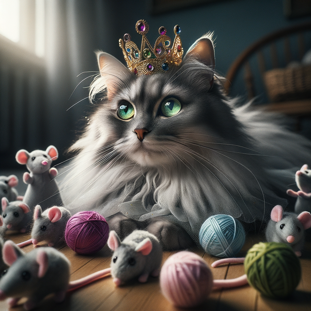 Cat wearing a crown surrounded by playful mice and yarn.