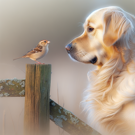 A golden retriever curiously gazing at a small bird.
