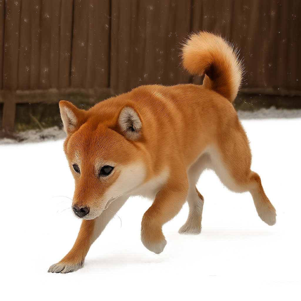 A playful Shiba Inu walking through soft, snow-covered ground in winter.