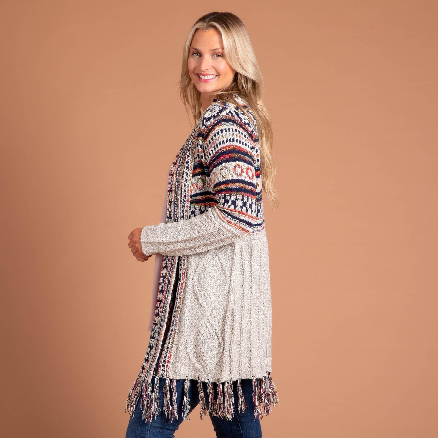 Upper Striped Duster Cardigan with Fringe