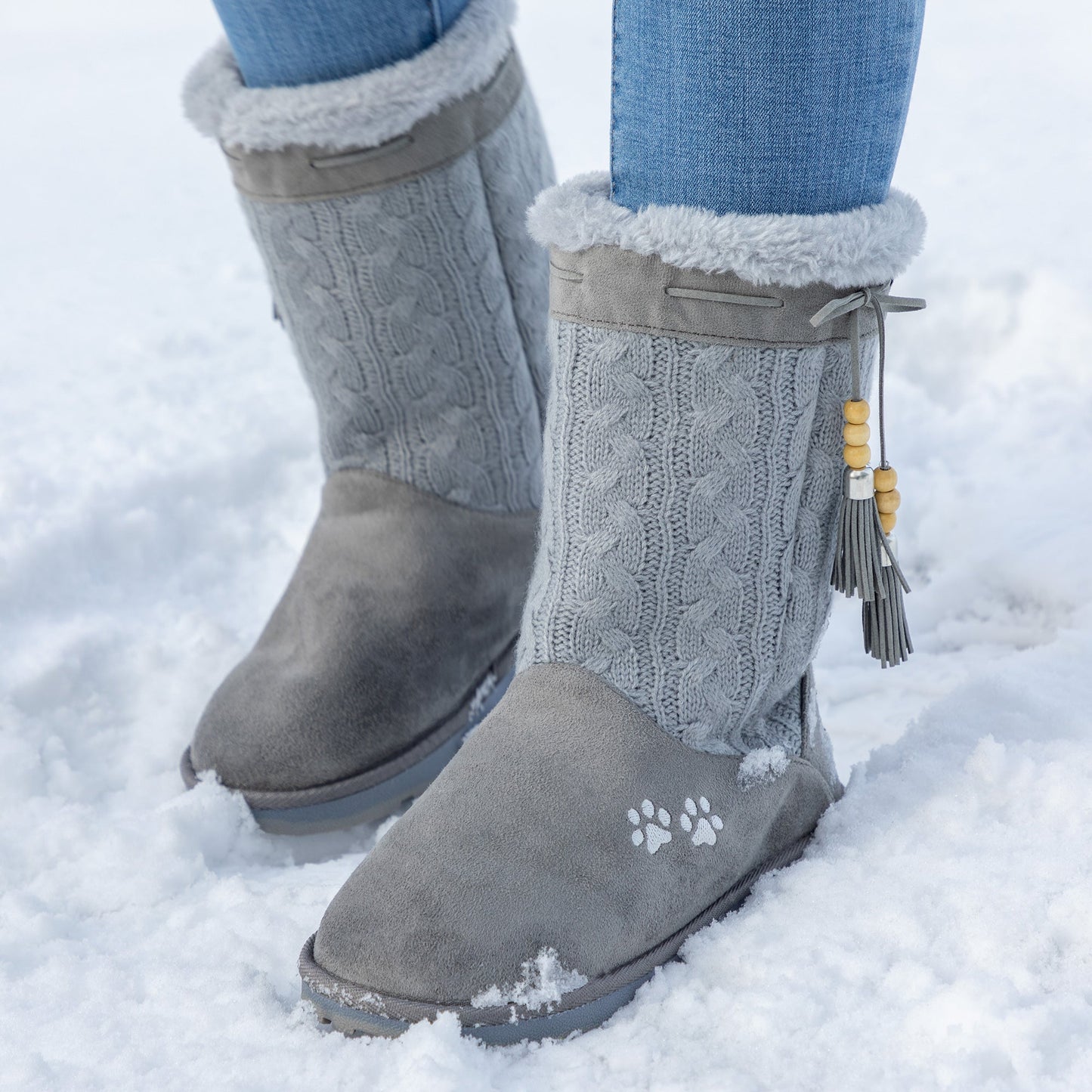 Paw Print Tall Knitted Boots With Beaded Tassels