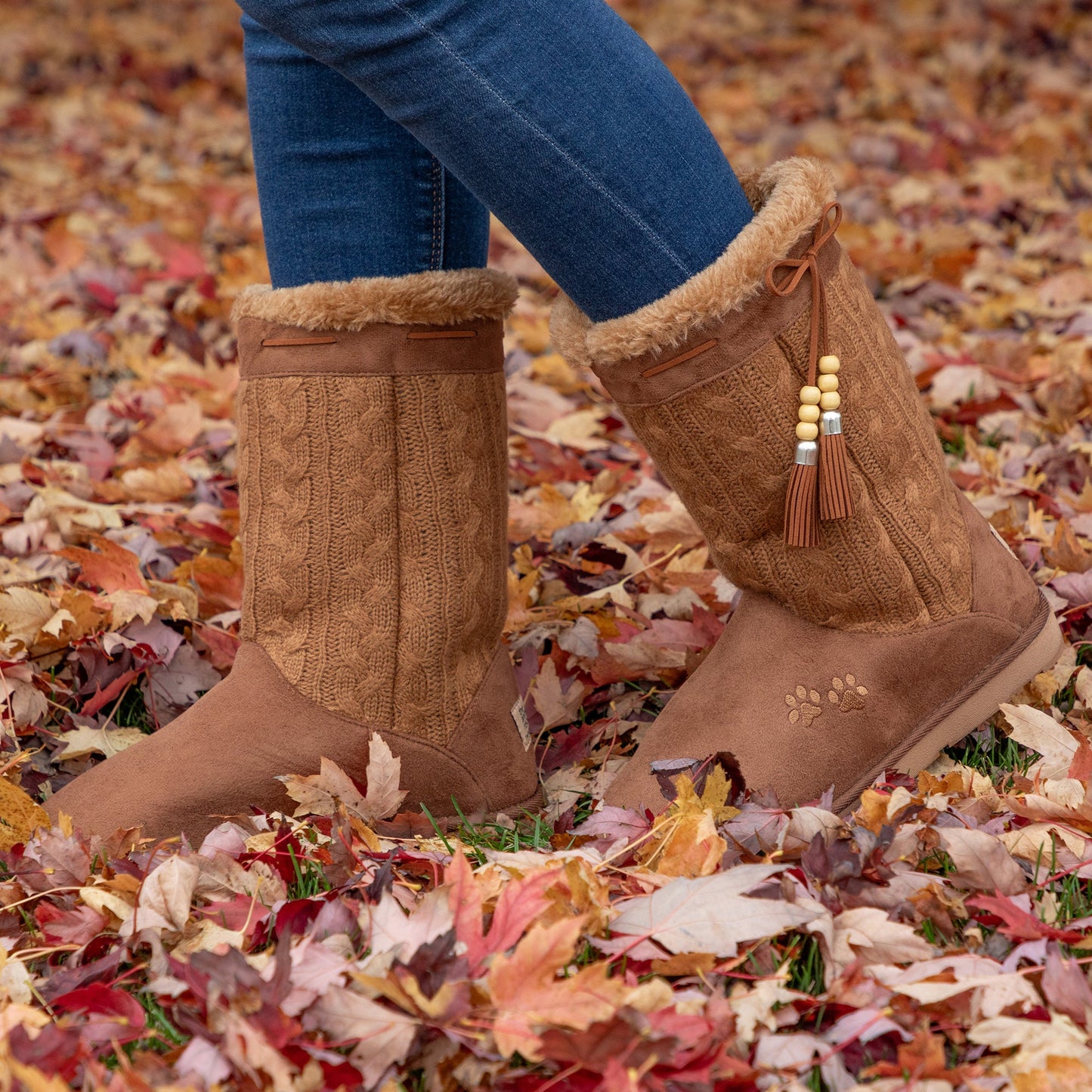 Paw Print Tall Knitted Boots With Beaded Tassels