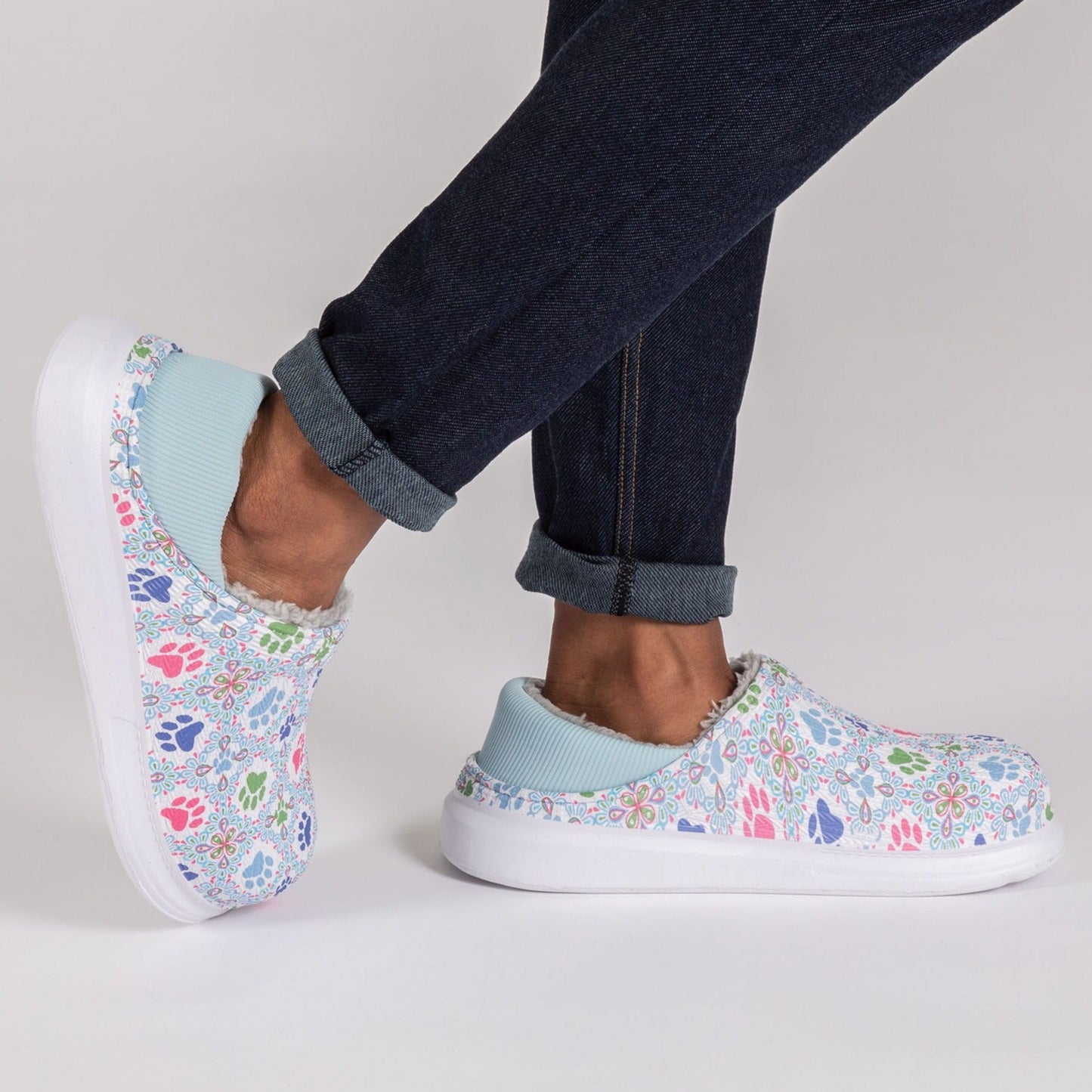 Paw Print Faux Fur Lined Slipper Shoes with Comfort Heel