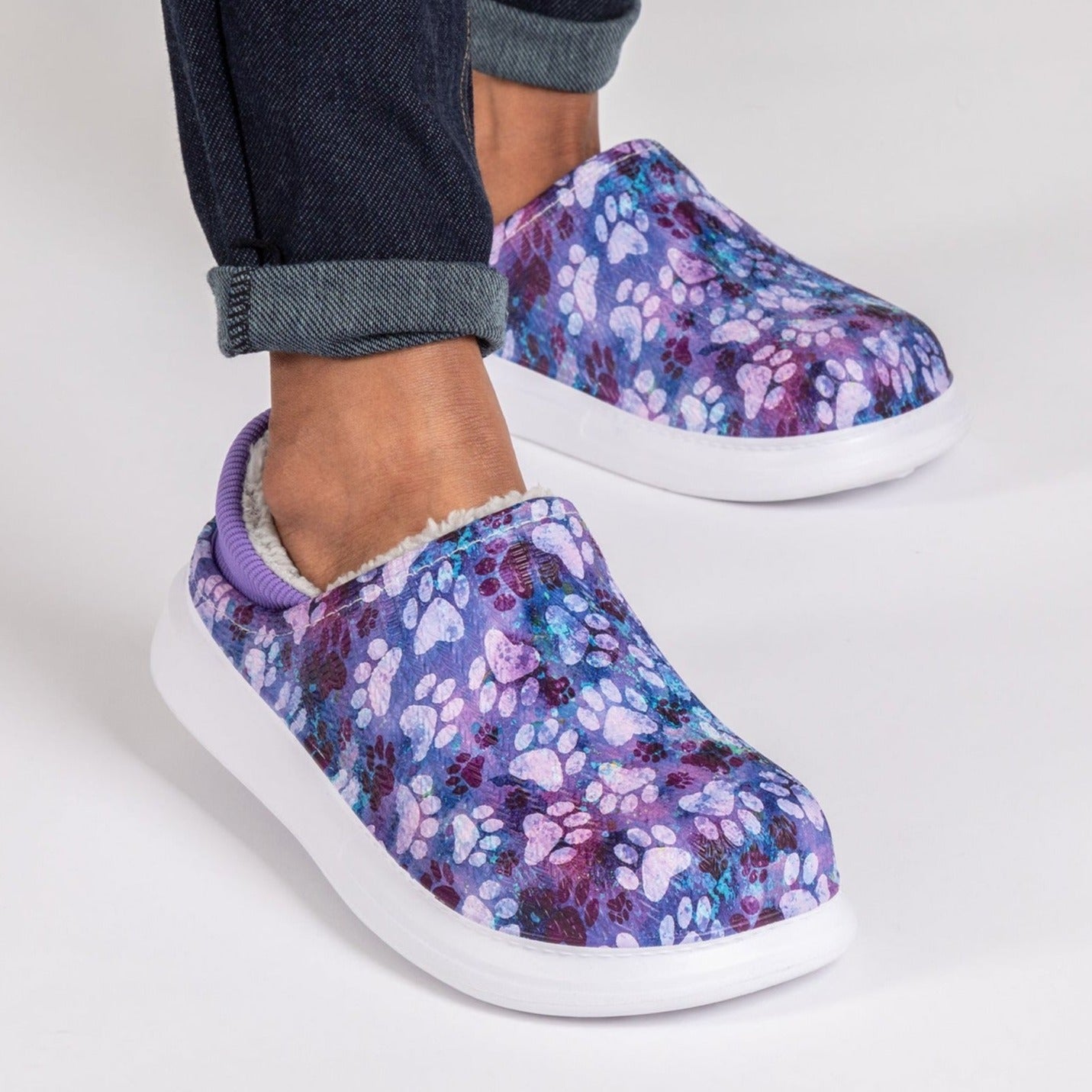 Paw Print Faux Fur Lined Slipper Shoes with Comfort Heel