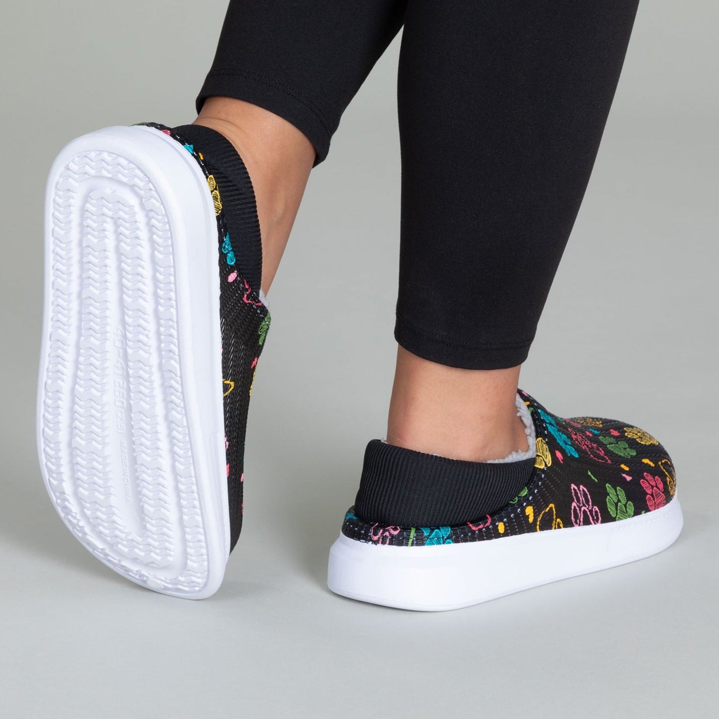 Paw Print Faux Fur Lined Slipper Shoes with Comfort Heel