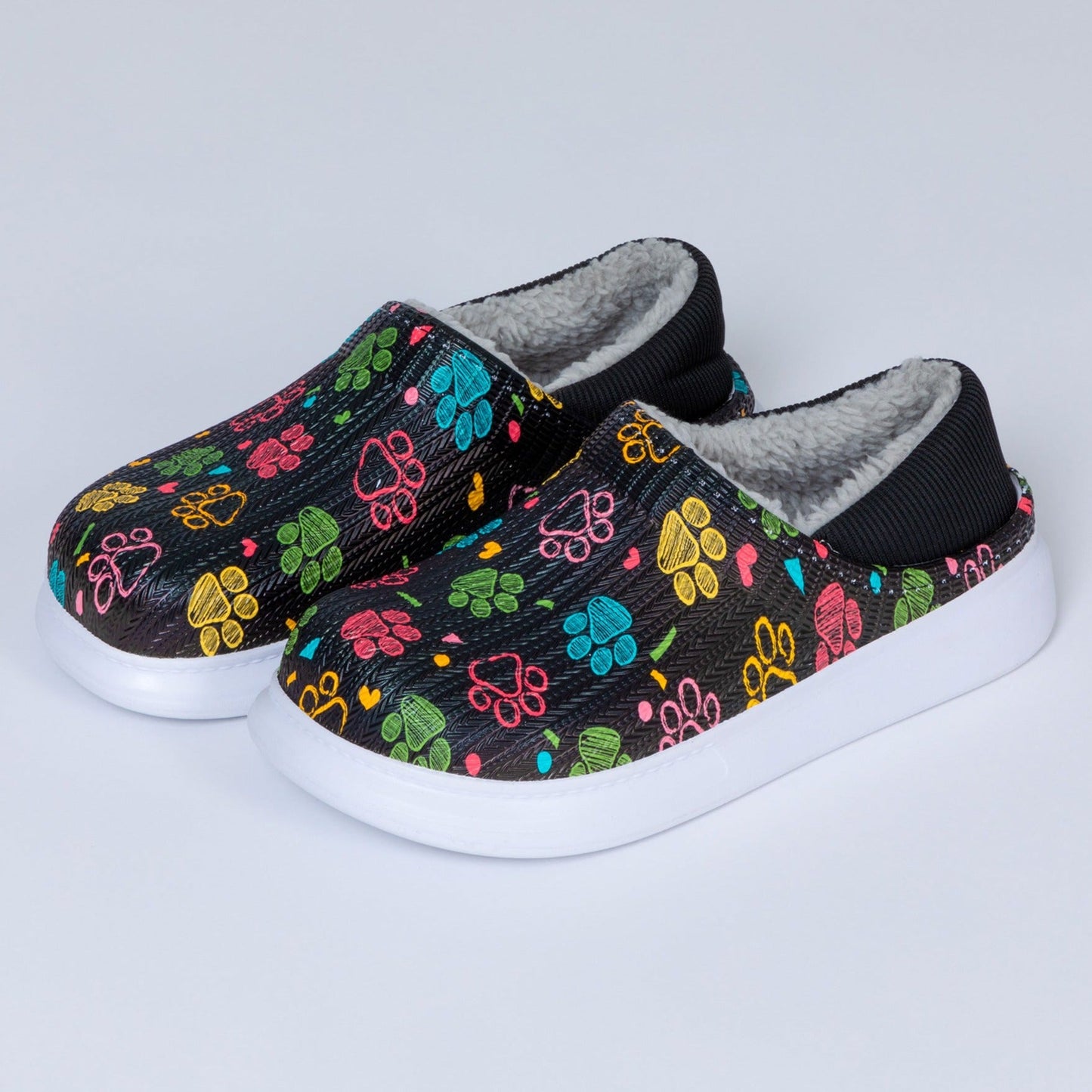 Paw Print Faux Fur Lined Slipper Shoes with Comfort Heel