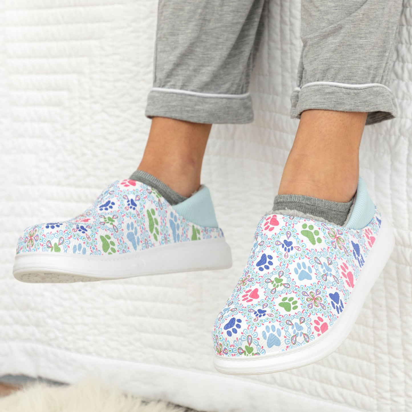 Paw Print Faux Fur Lined Slipper Shoes with Comfort Heel